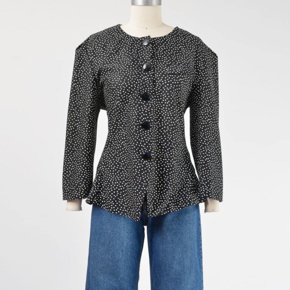 Vintage 80s Black Polka Dot Blouse Retro Secretary Button Down Knit Top L XL